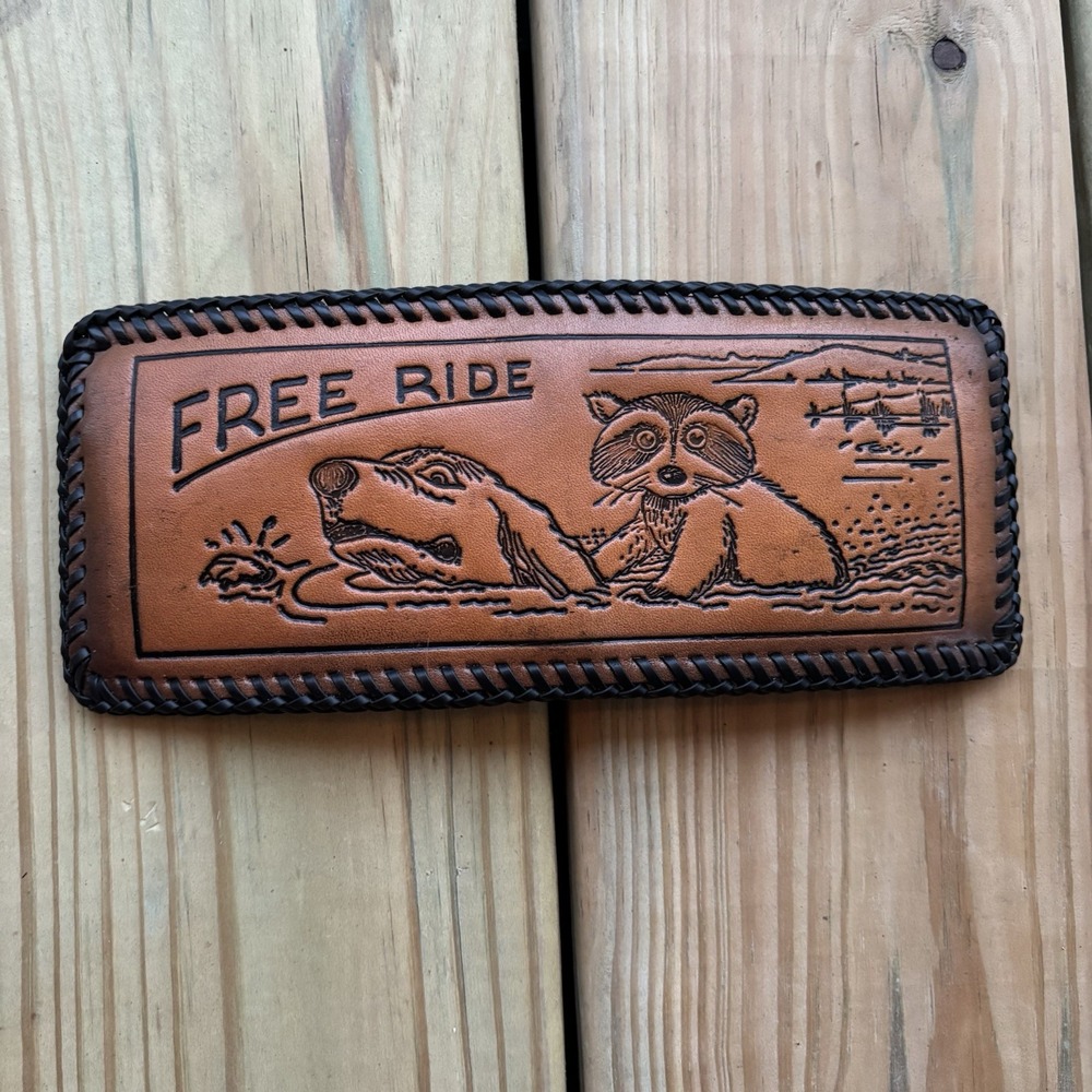 Vintage Hand Tooled Leather Wallet Bi Fold Handmade Whipstitch Raccoon Free Ride